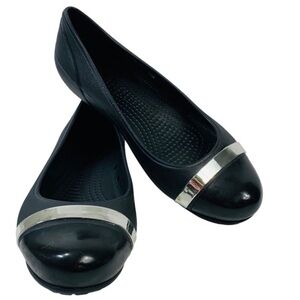 Crocs Slip On Ballet Flats Shoes Size 8 Matte Black Mirror Cap Toe Comfort